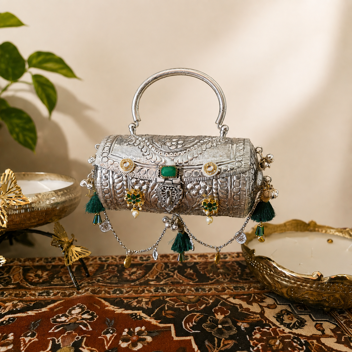 Drum style kundan bag with top handle Main image