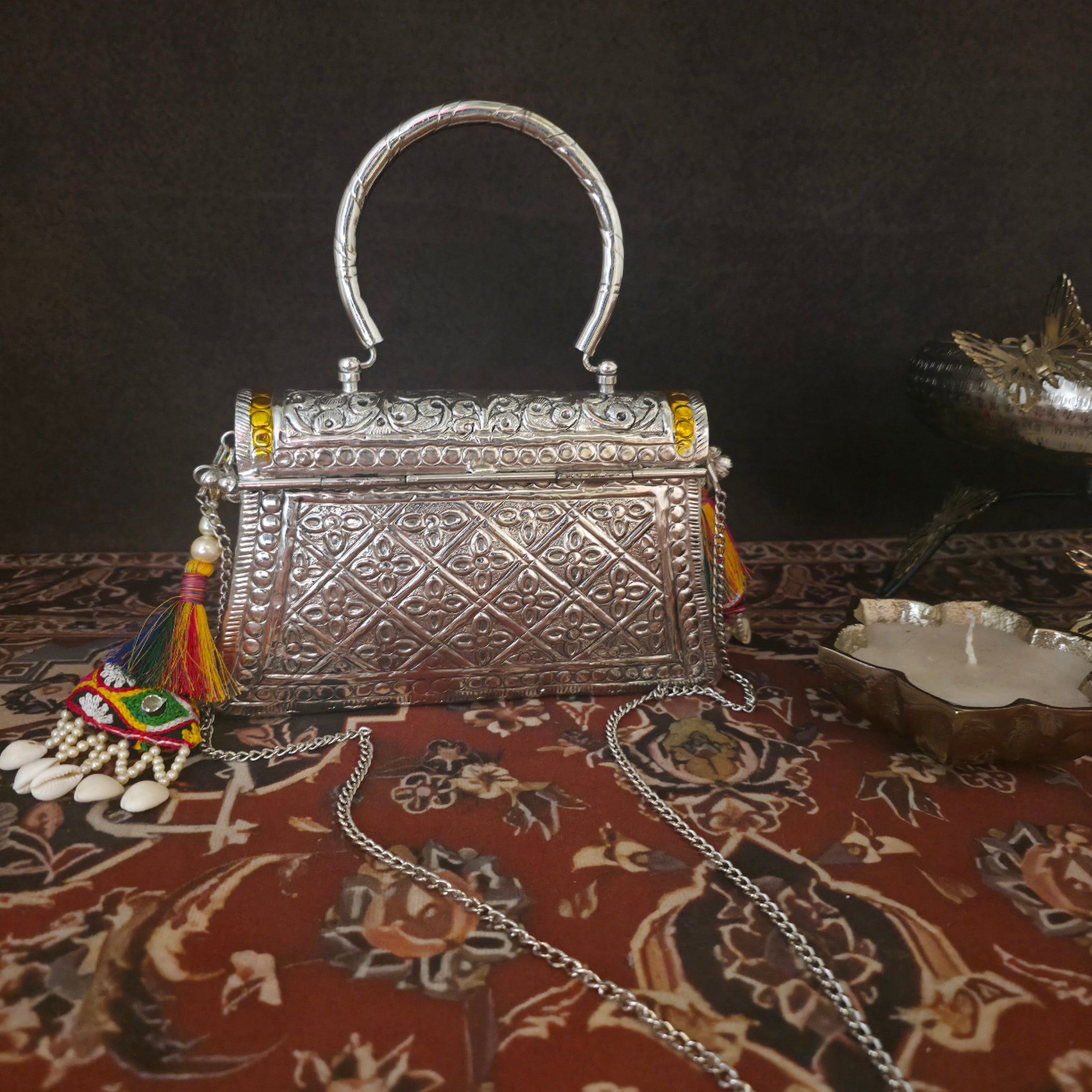 Multi meenakari bag with top brass handle