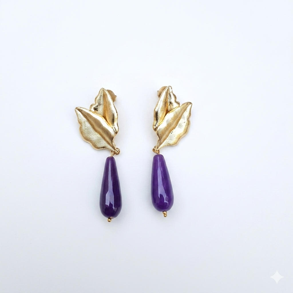 Leaf stone drop earrings[ purple]