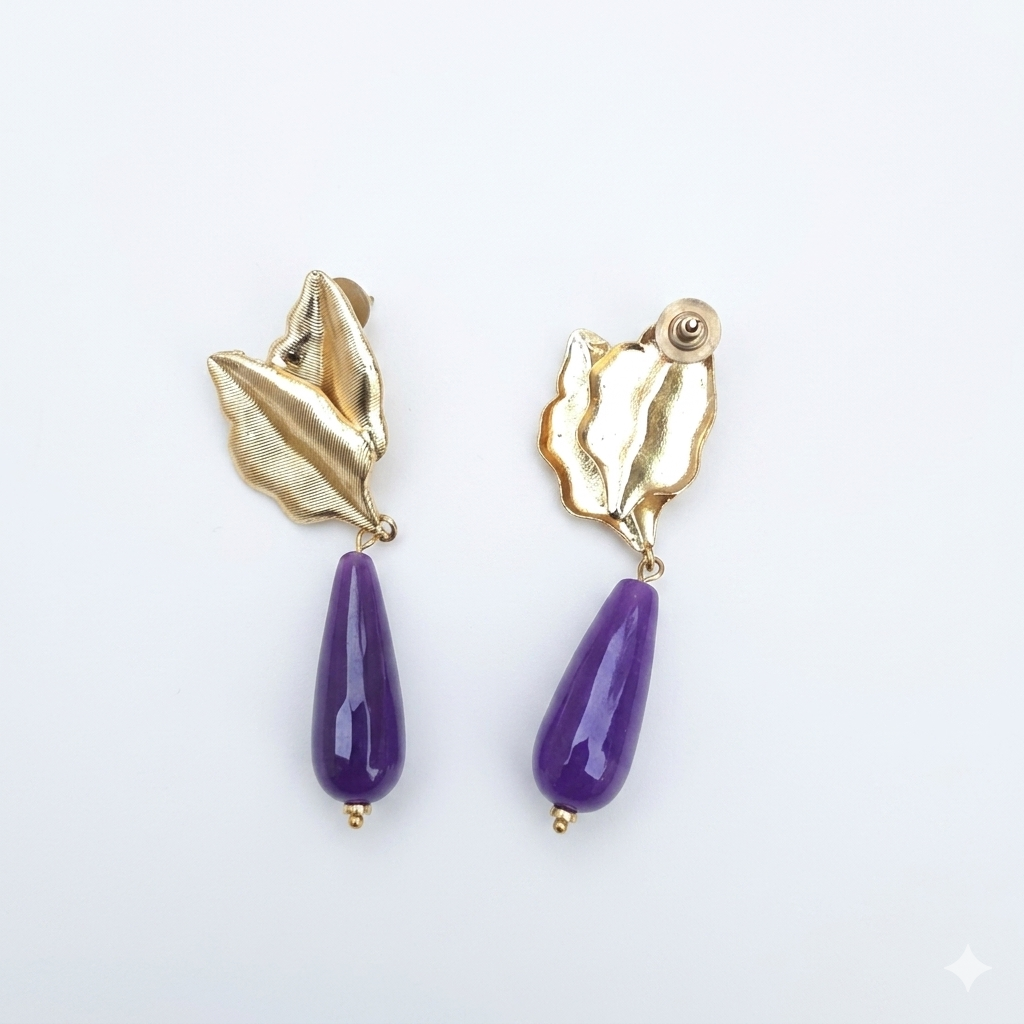 Leaf stone drop earrings[ purple]