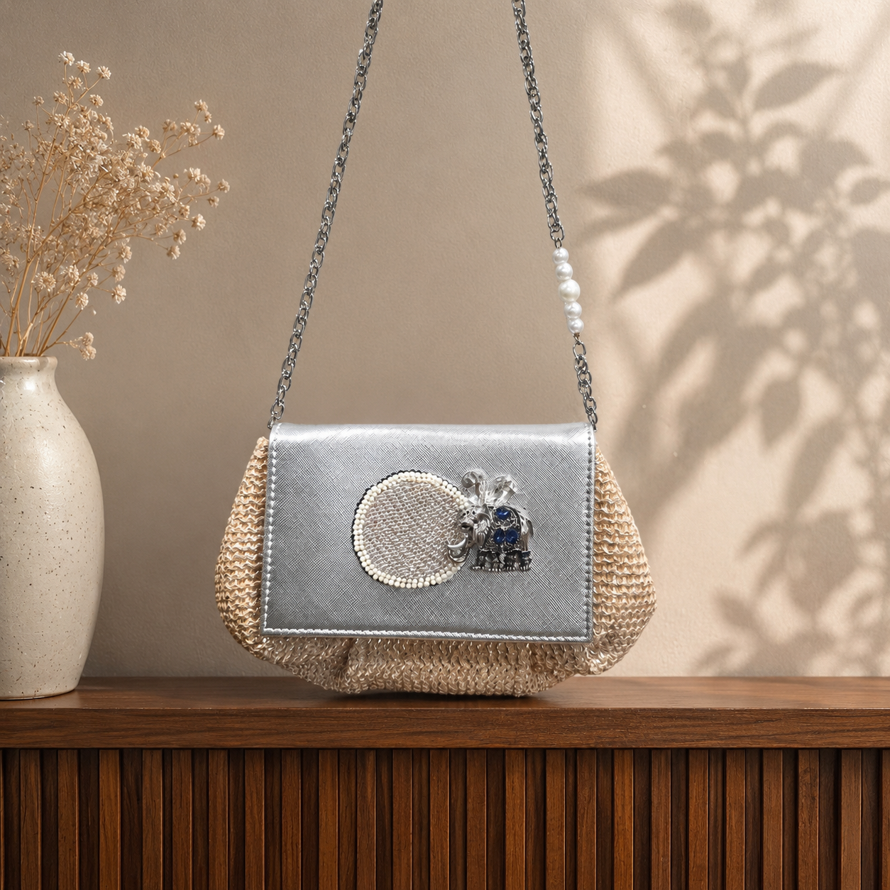 Elephant batua bag in silver