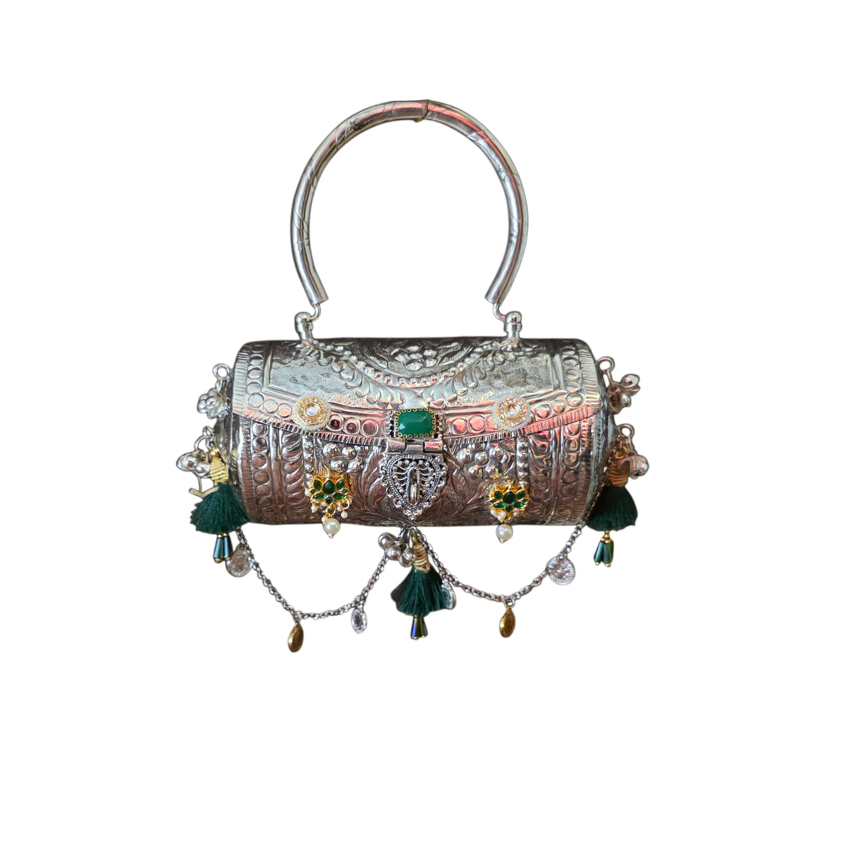 Drum style kundan bag with top handle