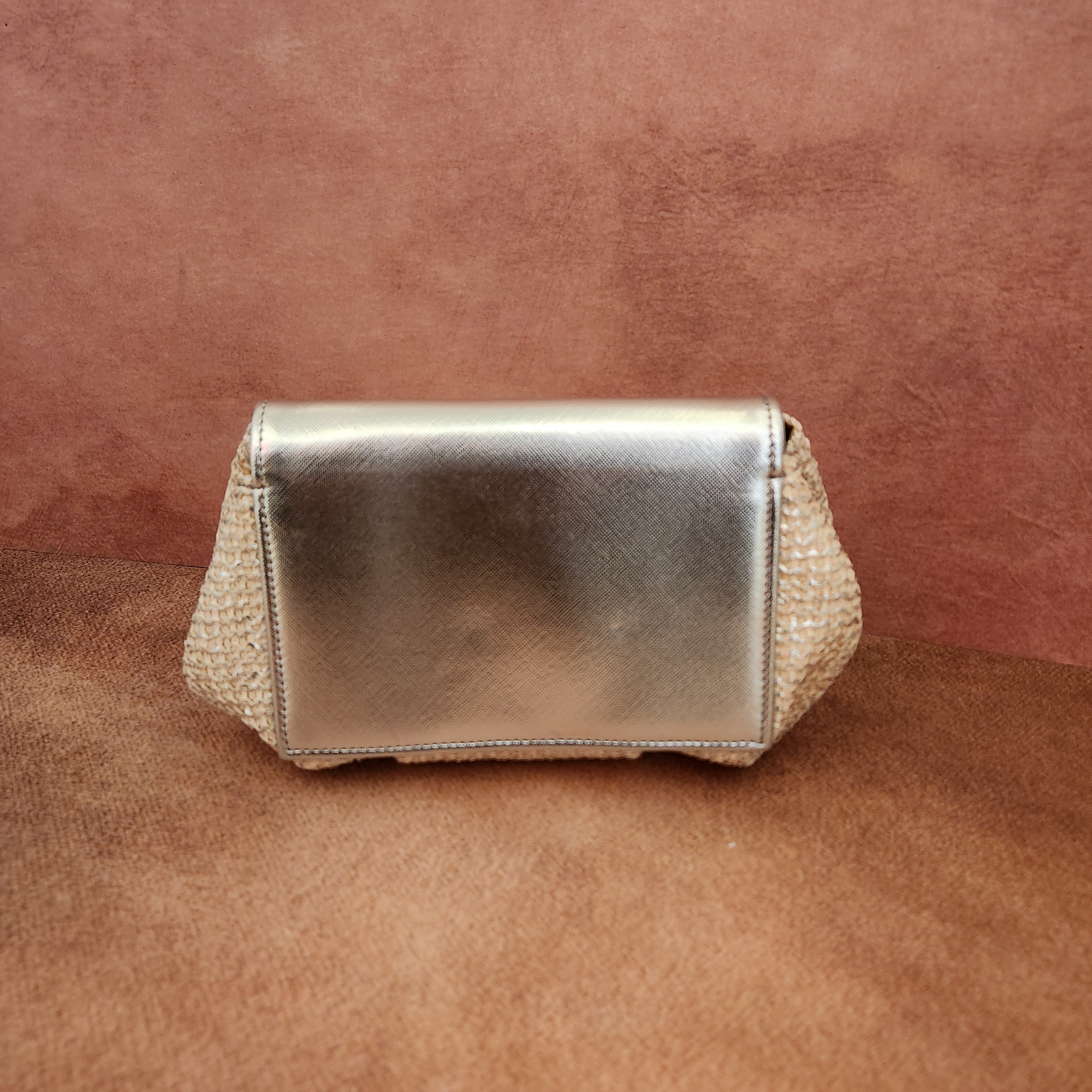 Batua Bag In White And Silver With Clear Crystal Broach With Mother Of Pearl Shell
