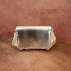 Batua Bag In White And Silver With Clear Crystal Broach With Mother Of Pearl Shell