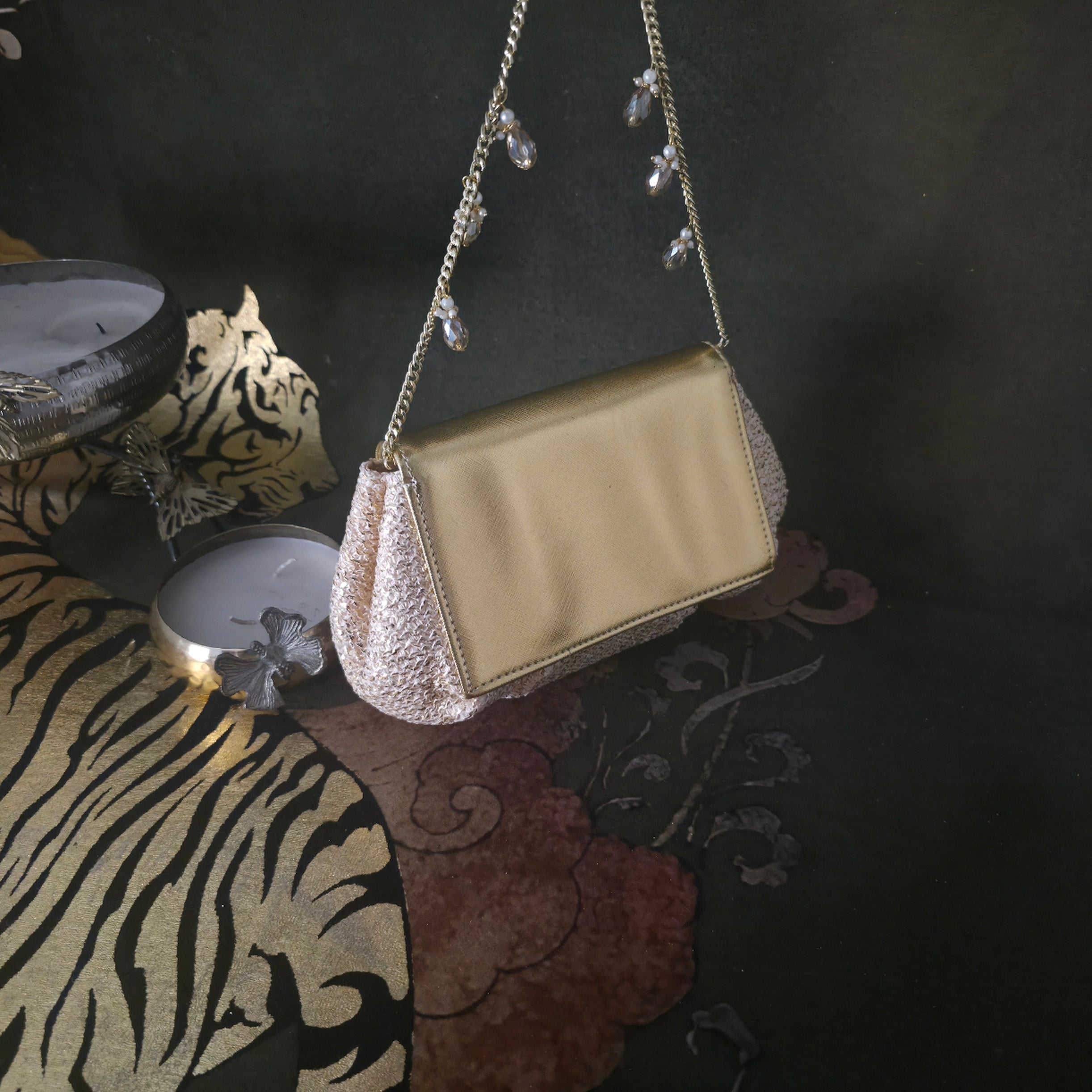 Batua Bag In Beige  And Gold With Clear Crystal Hanging Broach