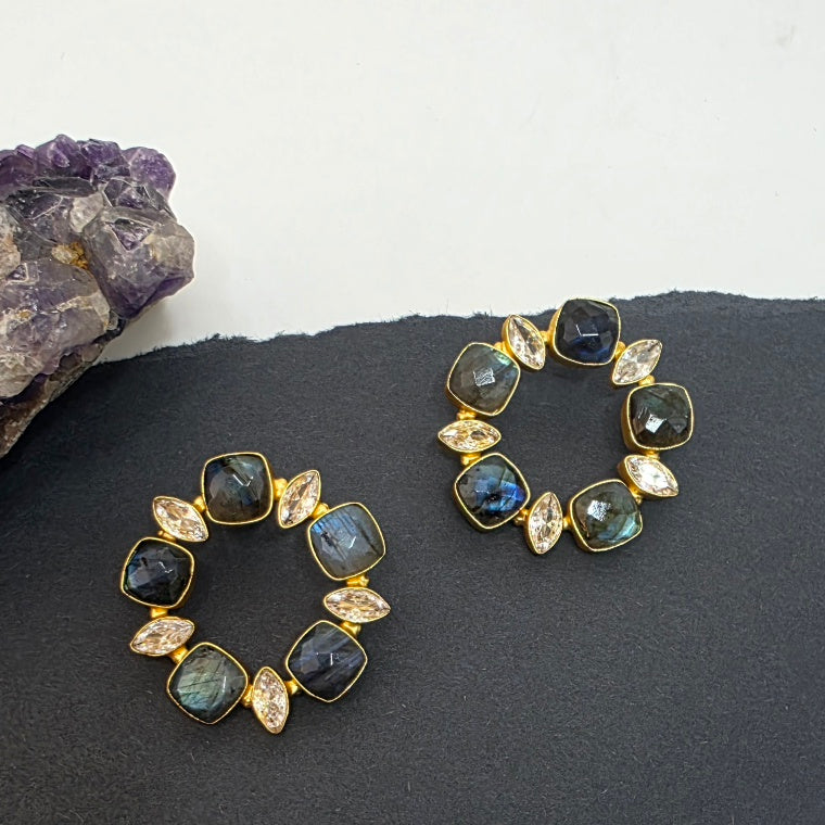 Mini Labradorite Round Studs  with Hint of Tiny Zirconia