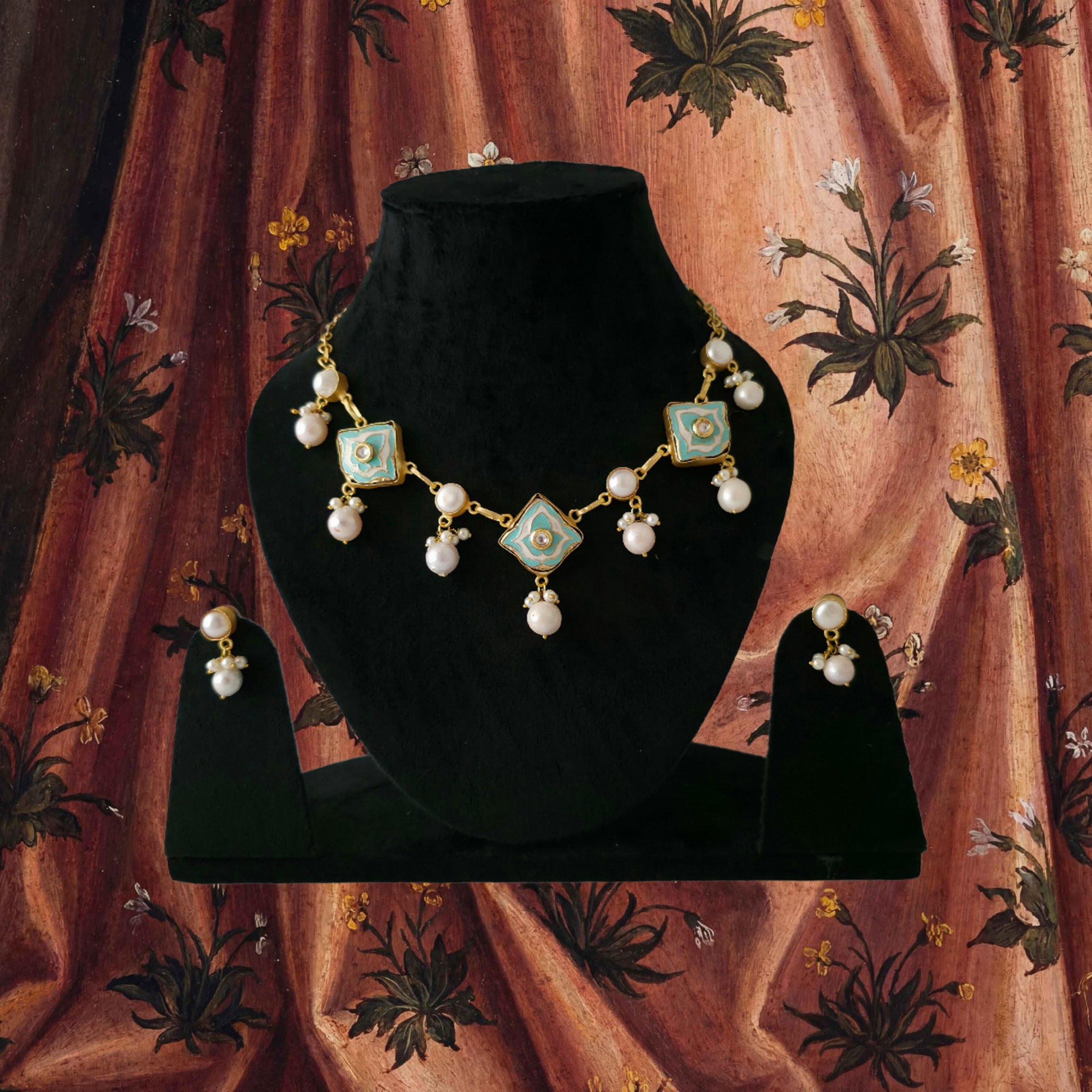 Pearl Droplet Meenakari Necklace Set in firoza Main image