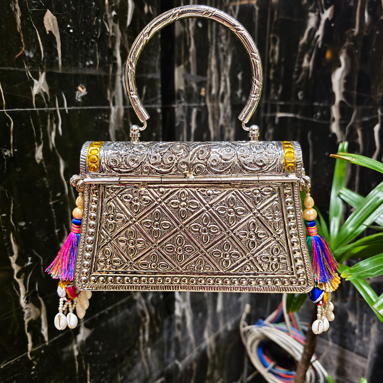 Multi meenakari bag with top brass handle Secondary image