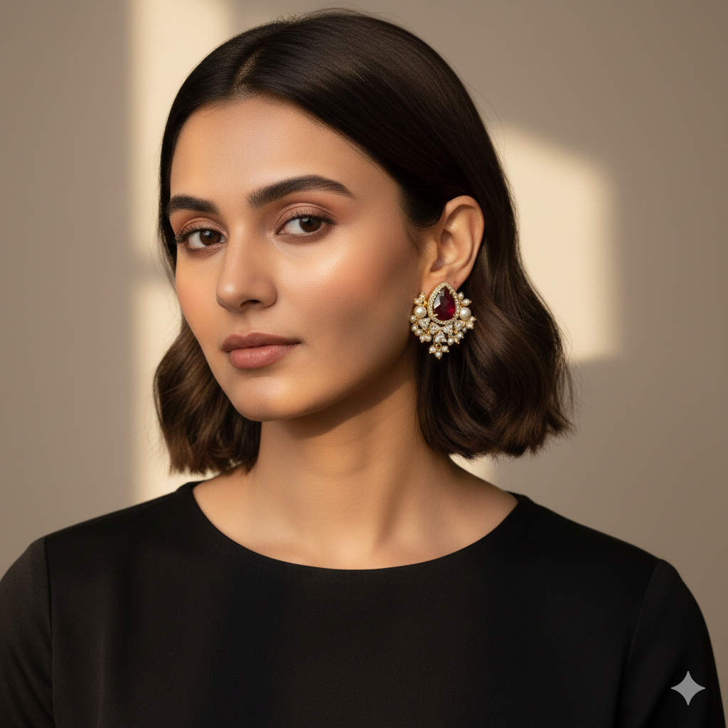 Brianca Studs In Pearl And Zirconia[ red onyx]