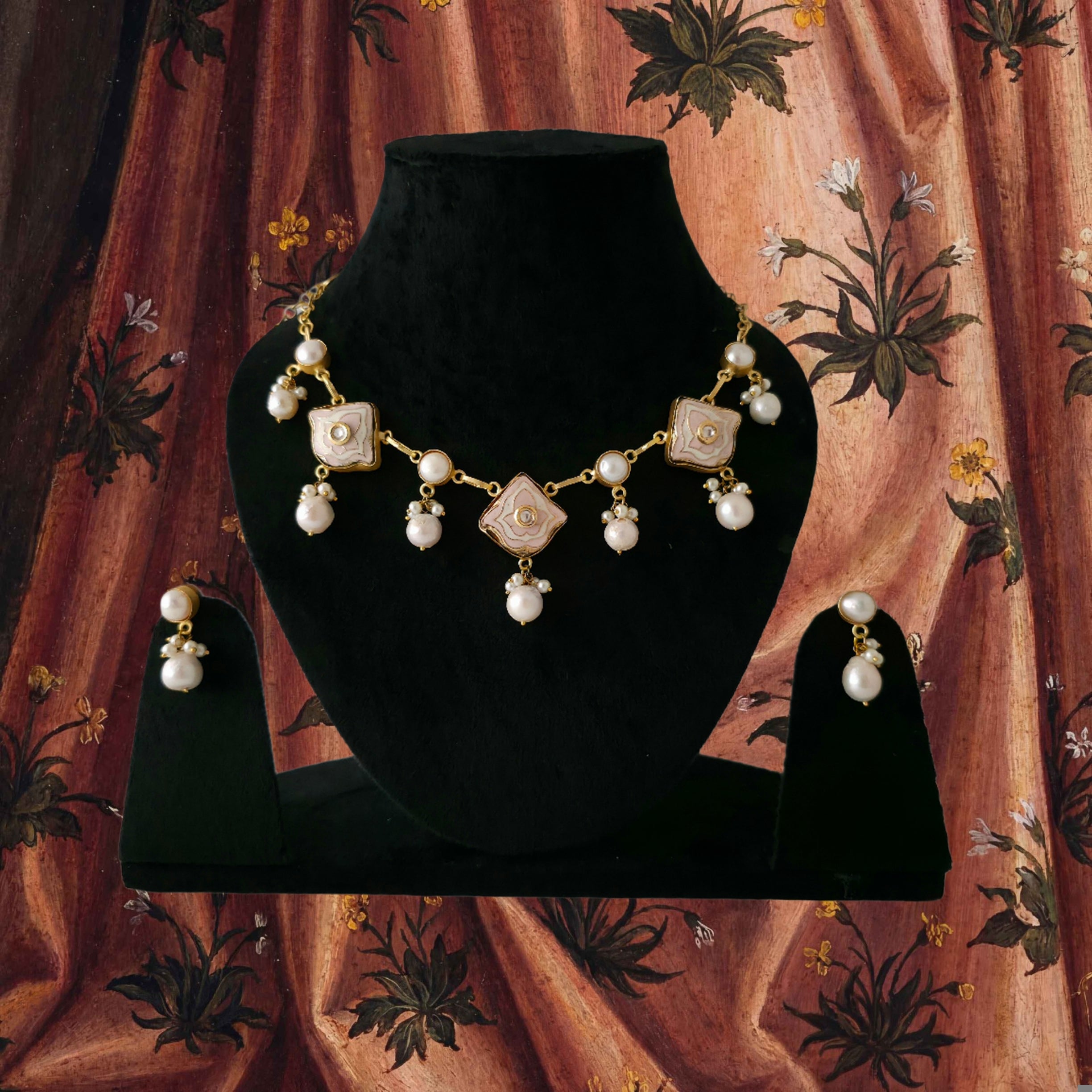 Pearl Droplet Meenakari Necklace Set in baby pink Main image