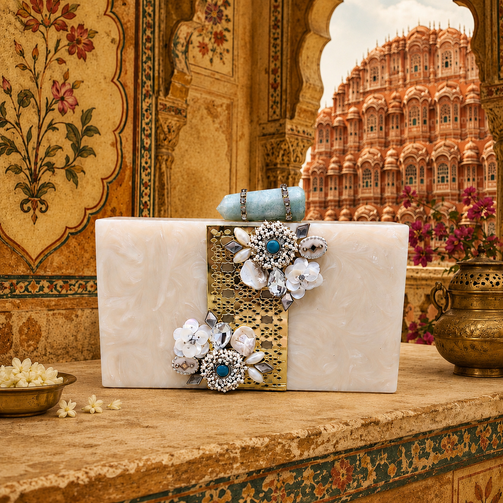 Morrocan Pearl Jaal Bag Beige with Gold Jaal