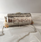 Silver Carved Boho Drum with pearl handle and crossbody chain