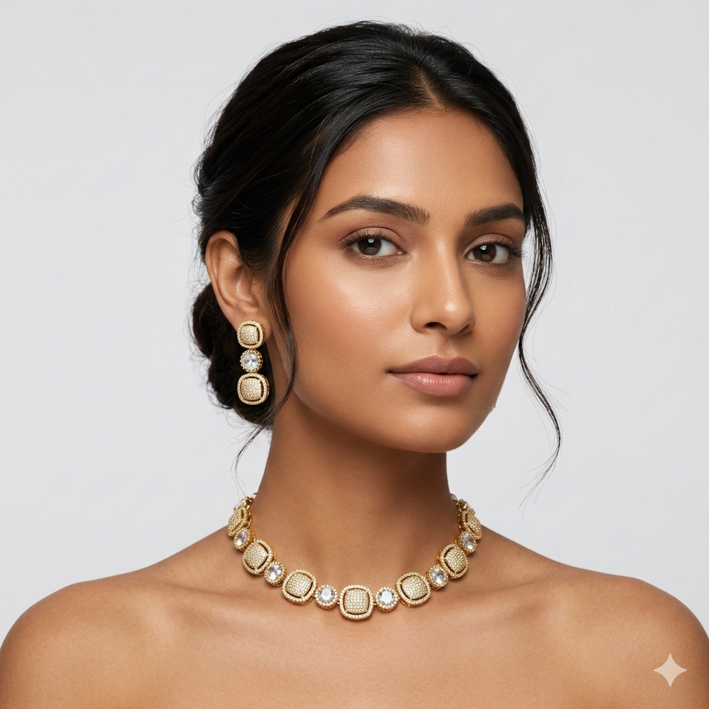 Polki zirconia sleek necklace set Main image