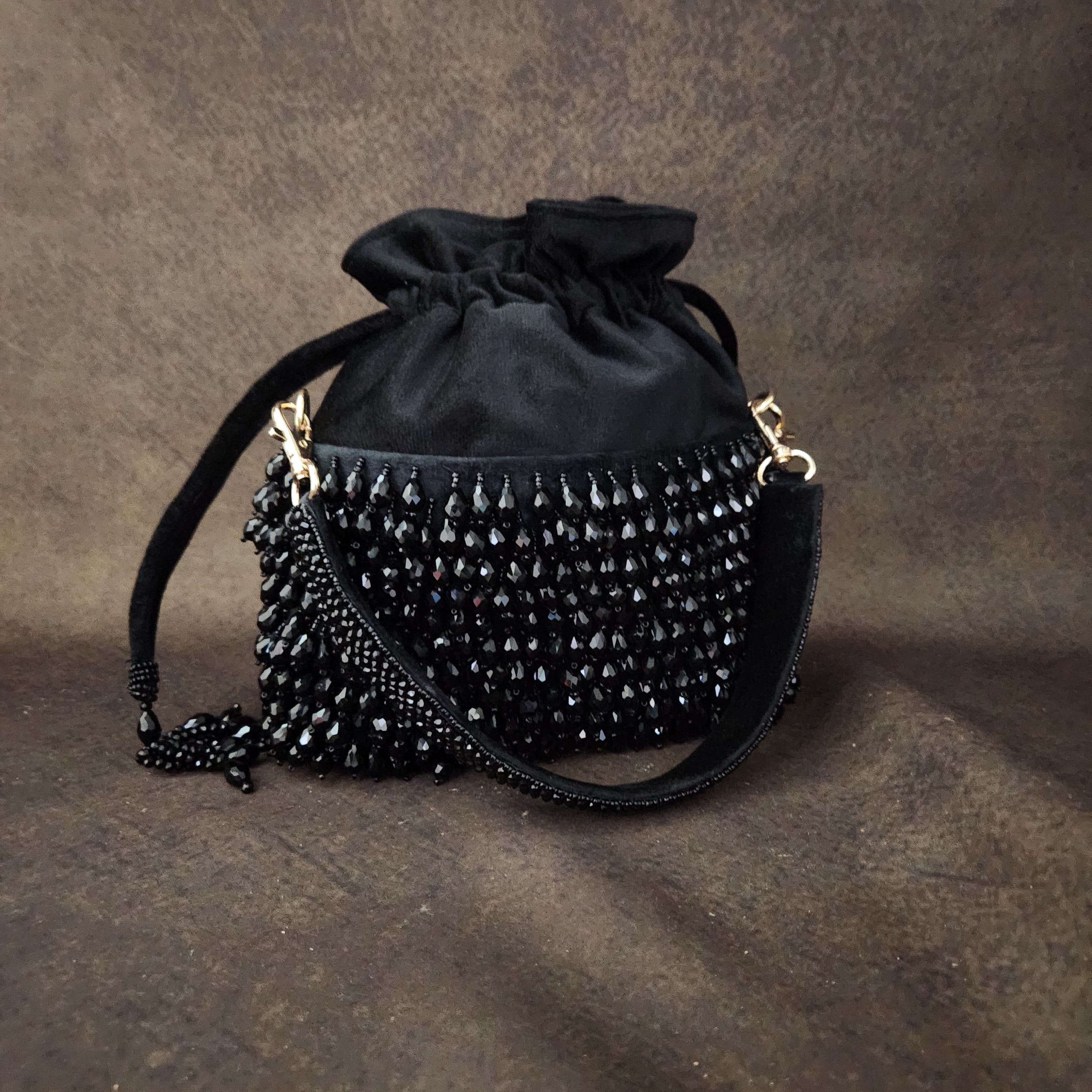 Black crystal suede potli bag