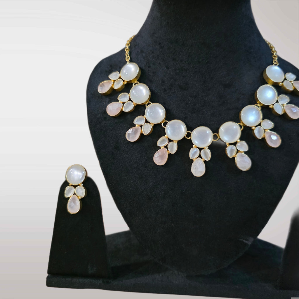 Agam Necklace Set in Chinese Opal Pink Quartz and Grey Monalisa