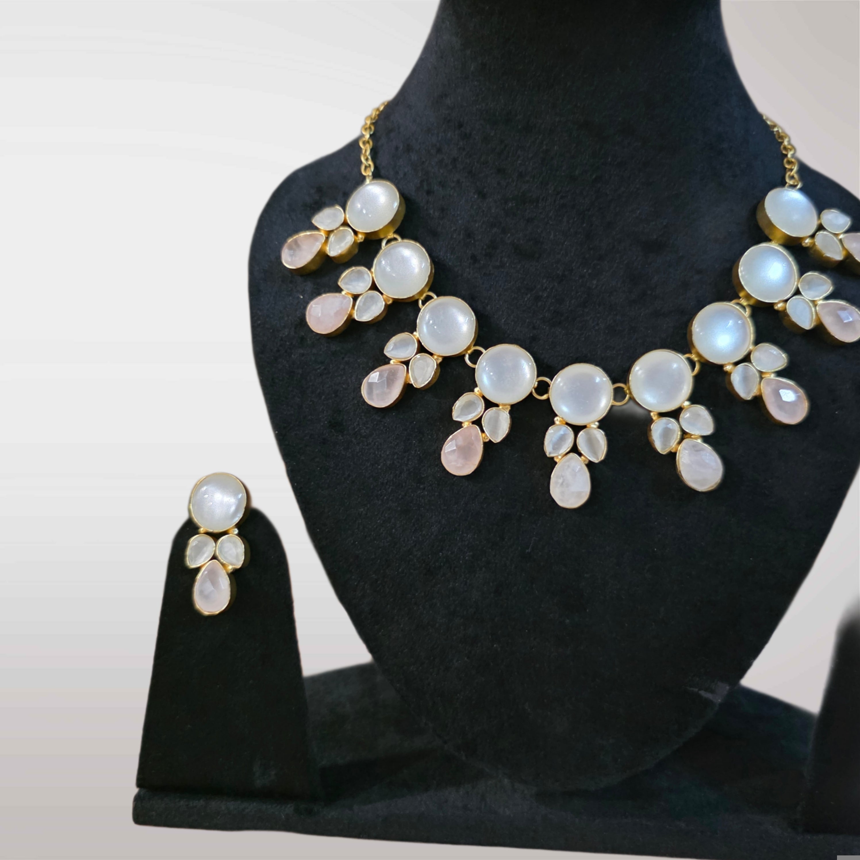 Agam Necklace Set in Chinese Opal Pink Quartz and Grey Monalisa