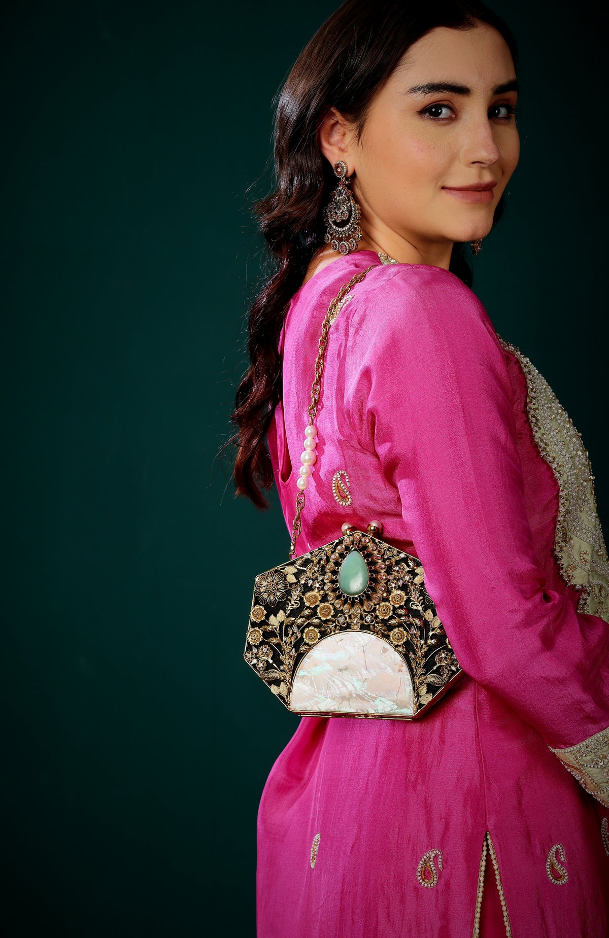 Handcrafted mother of pearl filigree bag with amazonite