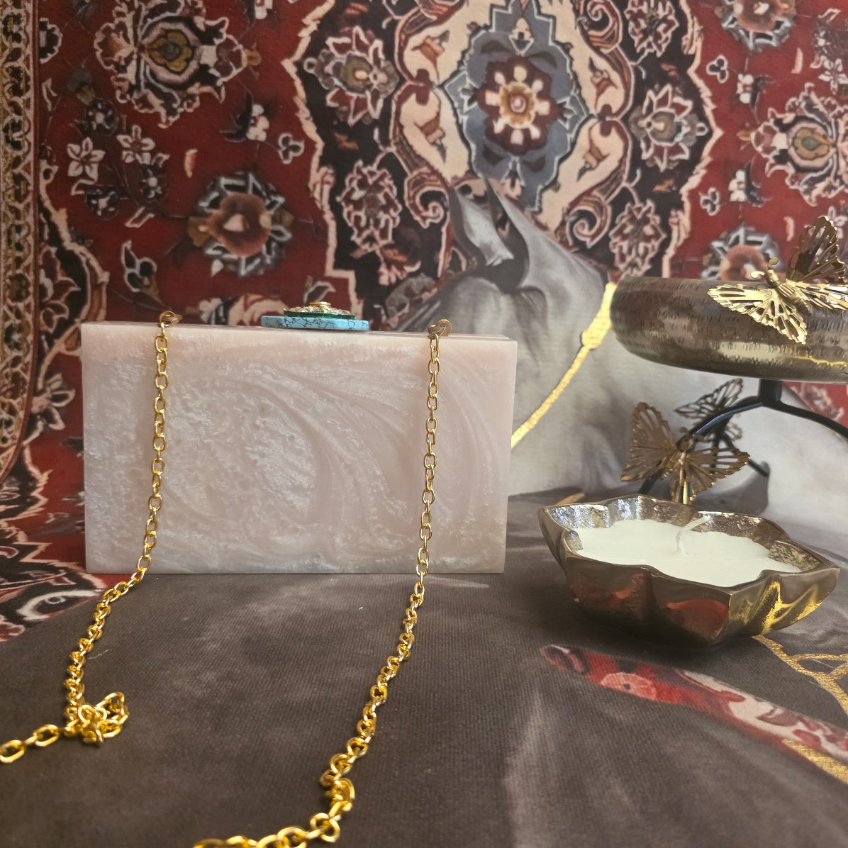 Filigree firoza resin clutch in ivory