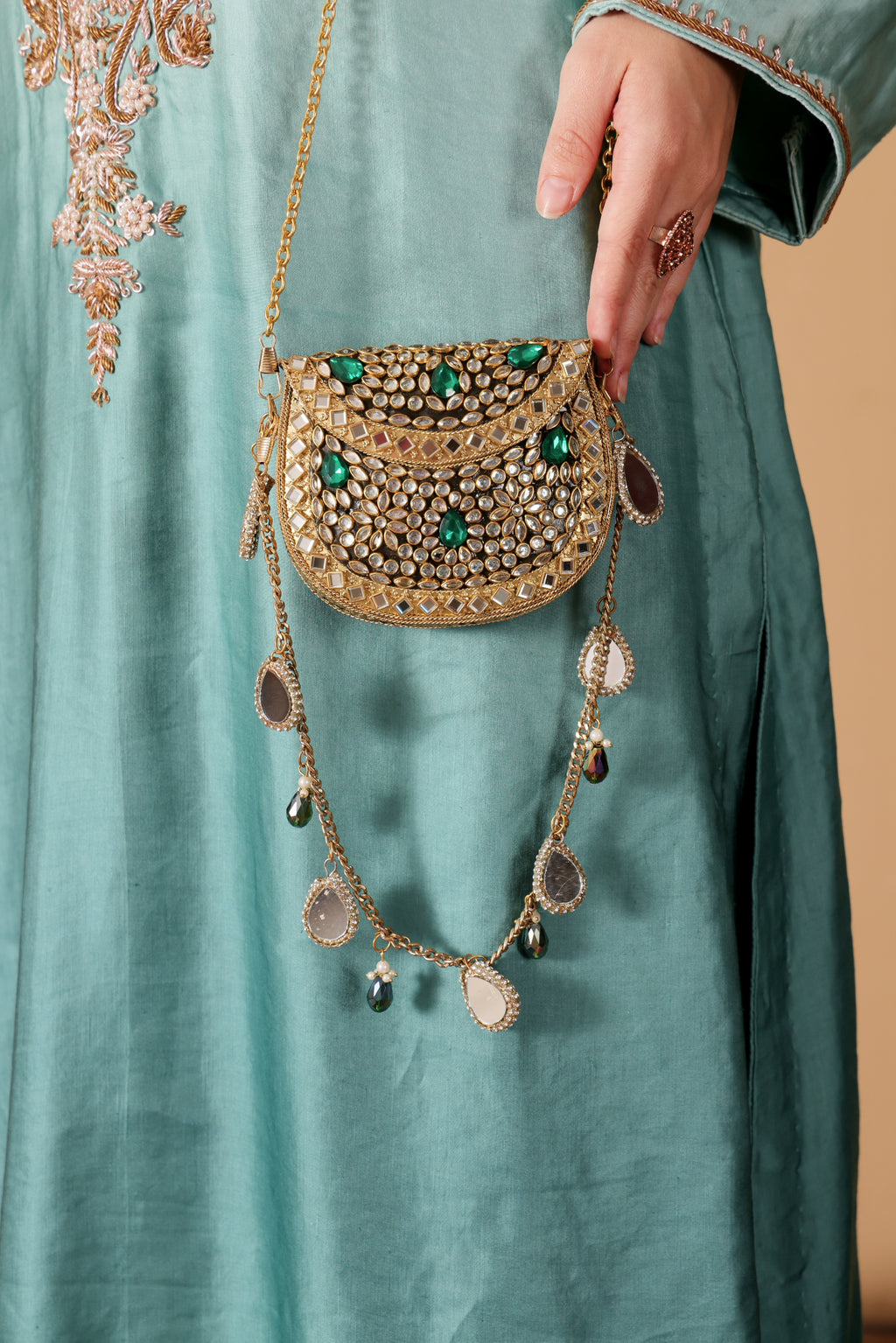 Mini kundan mirror bag [ Emerald green]
