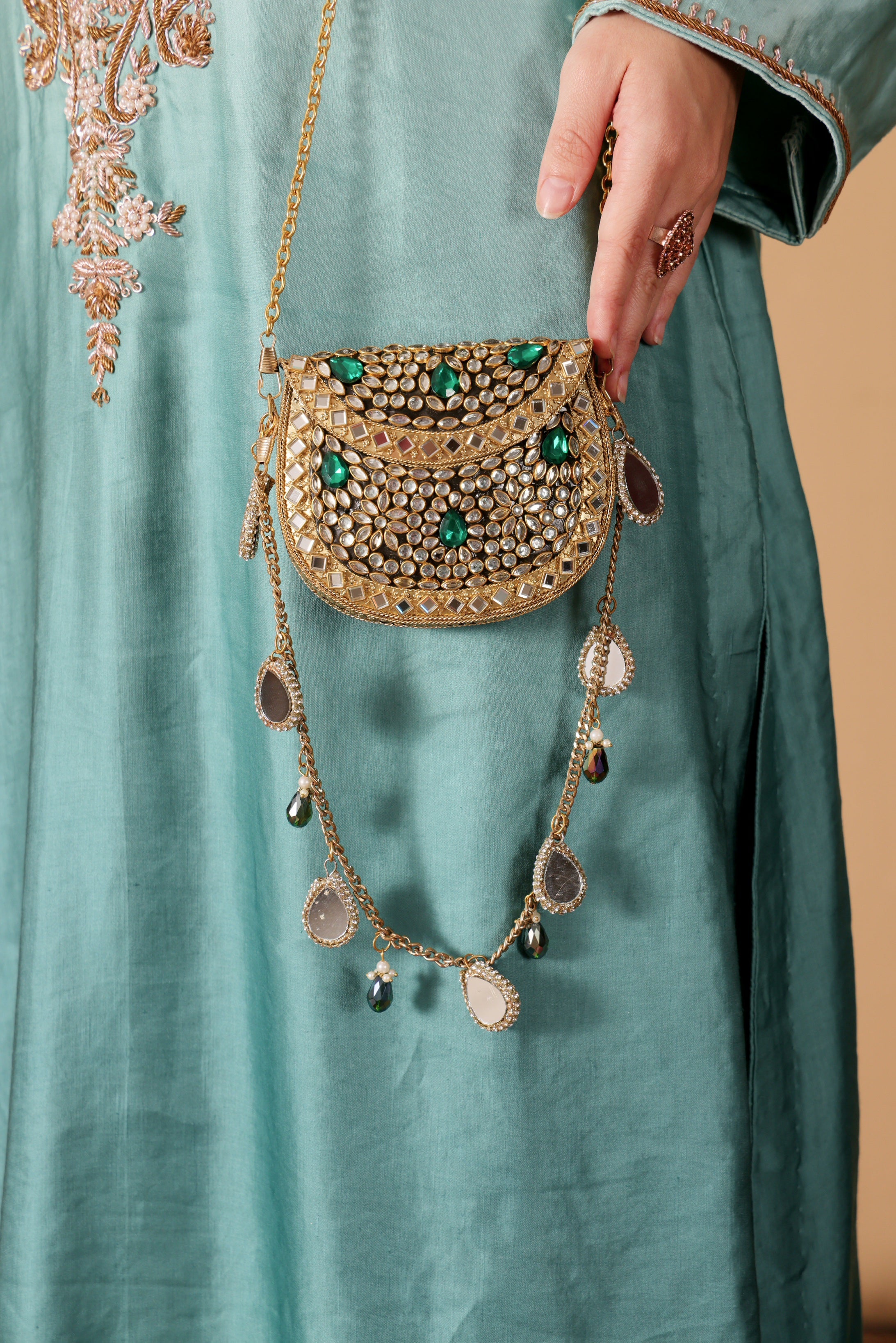 Mini kundan mirror bag [ Emerald green]