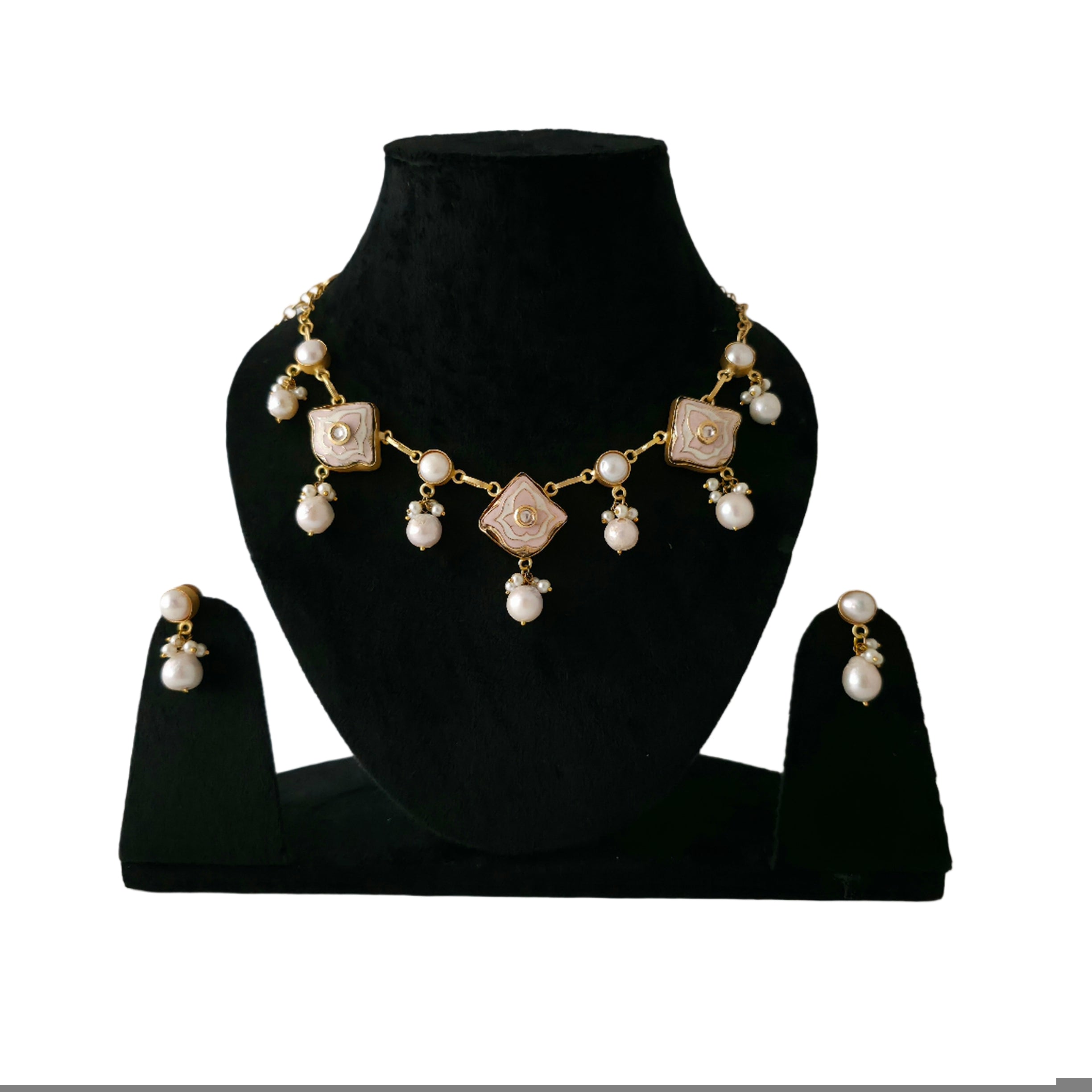 Pearl Droplet Meenakari Necklace Set in baby pink Secondary image