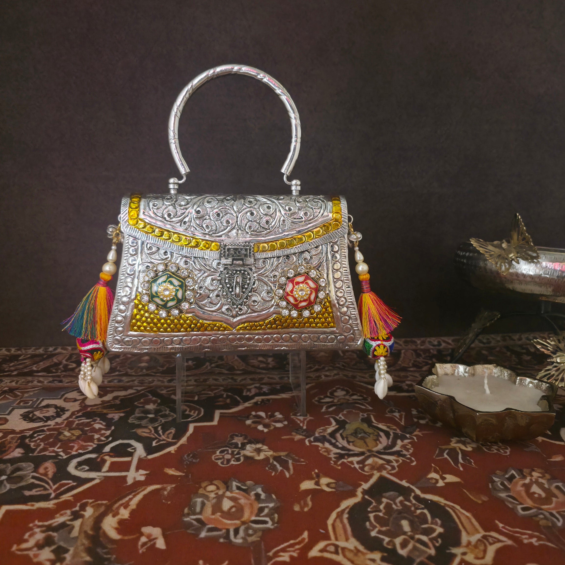 Multi meenakari bag with top brass handle Main image