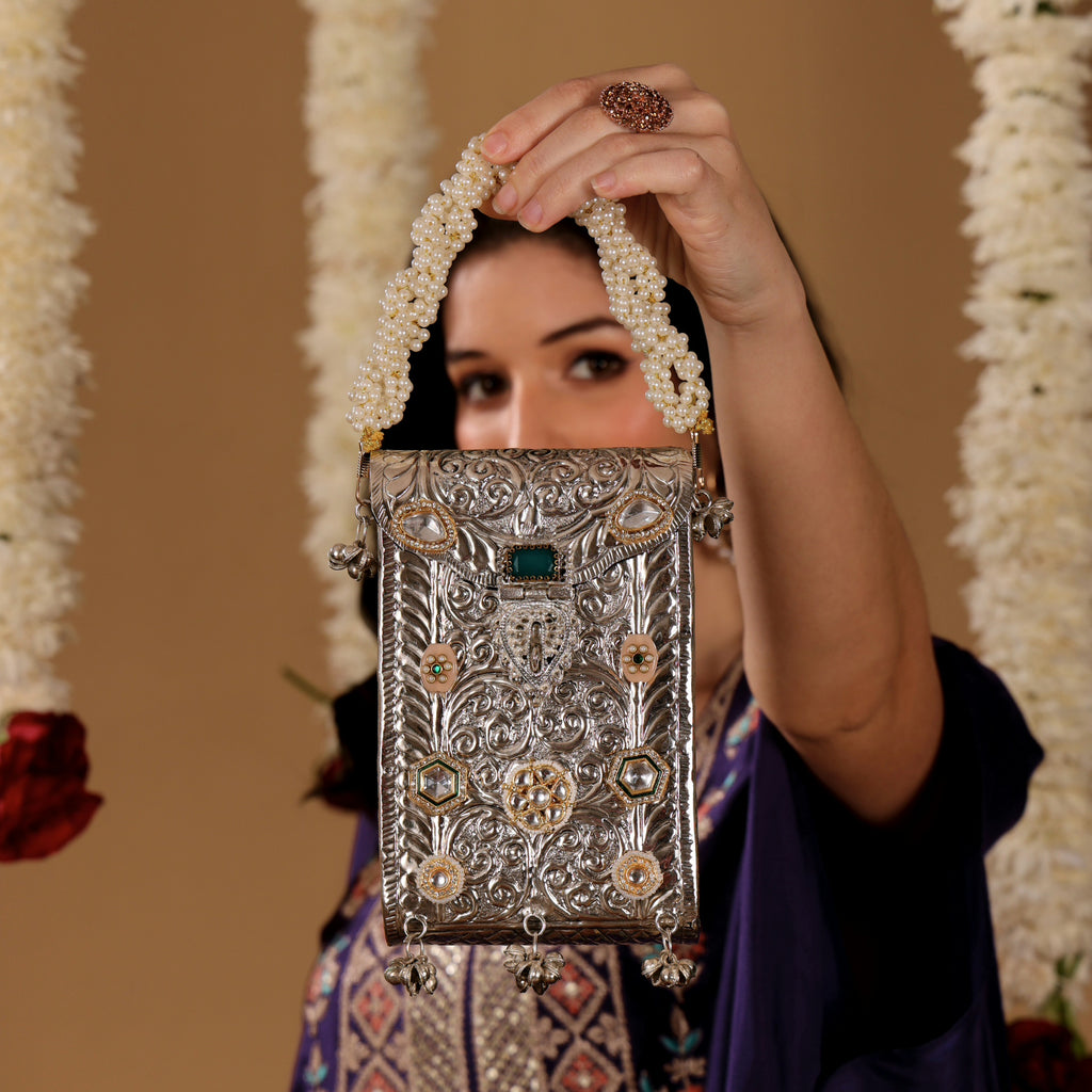 Kundan mobile  batua bag [Silver]