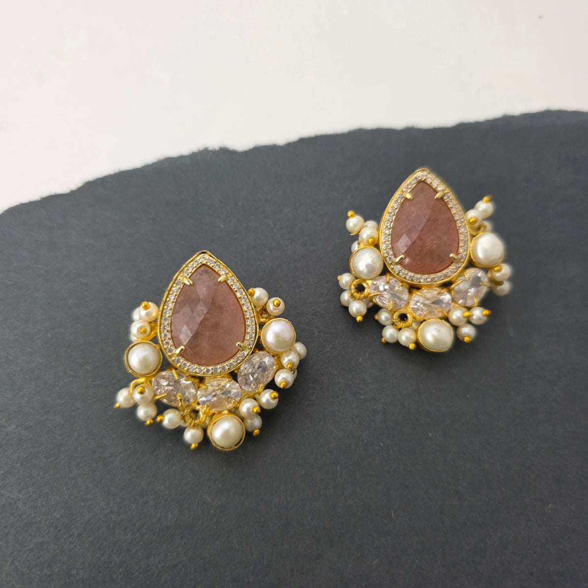 Brianca Studs In Pearl And Zirconia[ peach moonstone] Main image