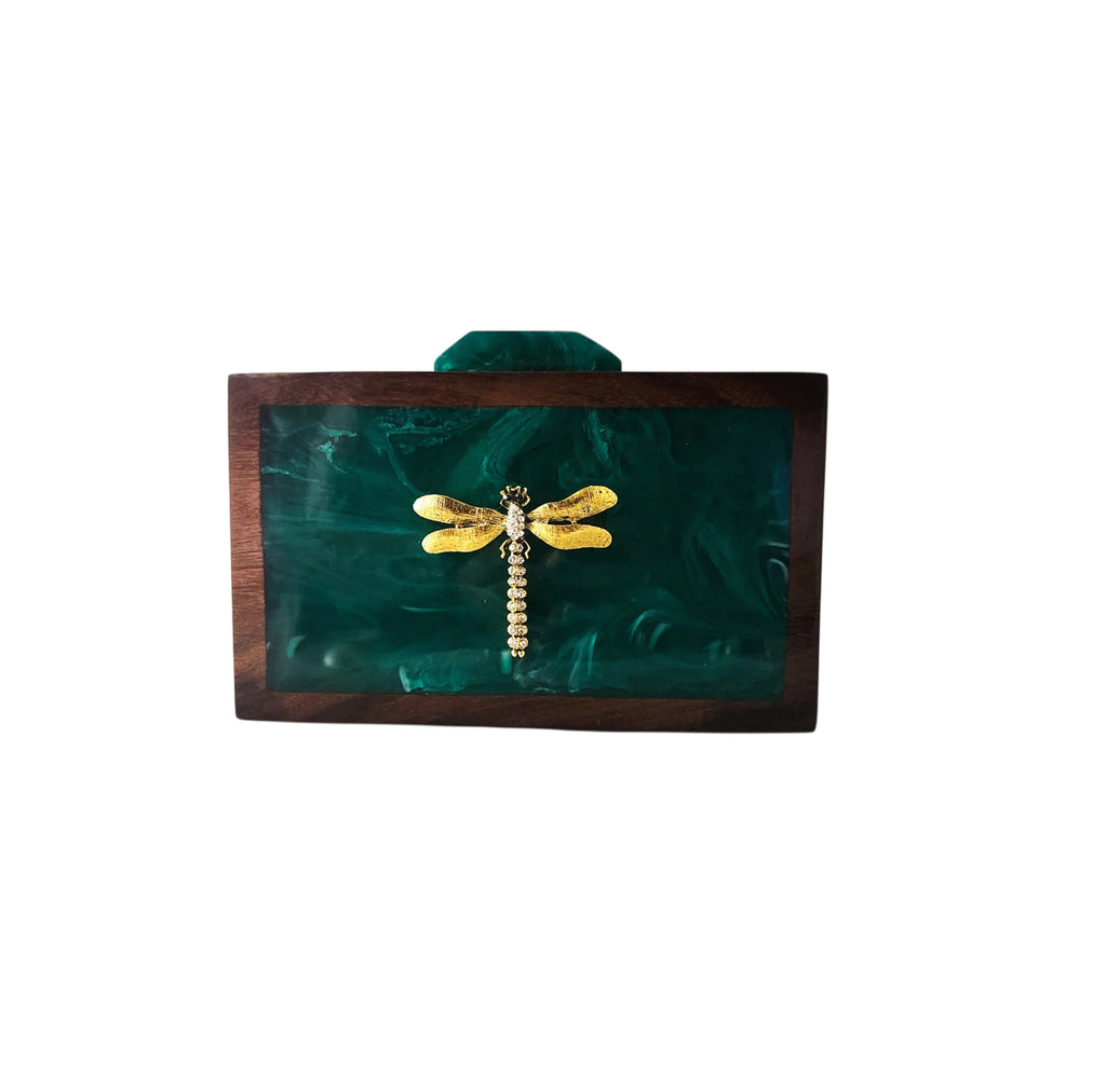 Dragonfly wood & resin clutch bag
