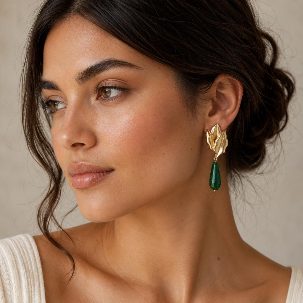 Leaf stone drop earrings (green)
