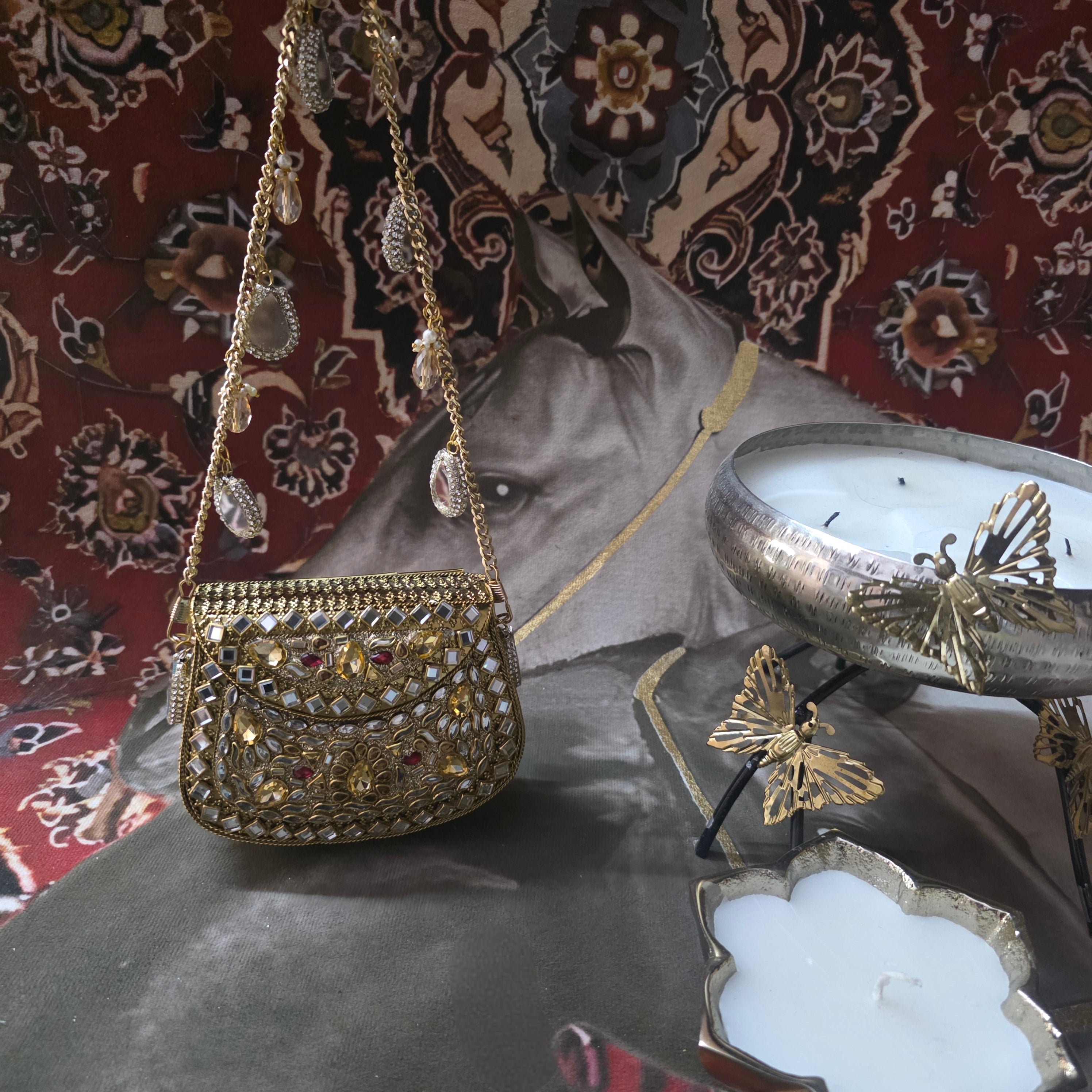 Mini kundan mosaic bag - gold & red Main image