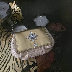 Batua Bag In Beige  And Gold With Clear Crystal Hanging Broach