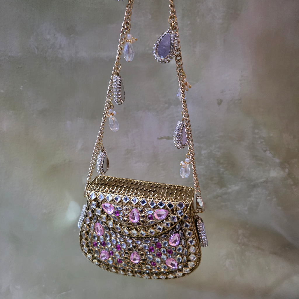 Mini kundan crystal bag in hints of pink