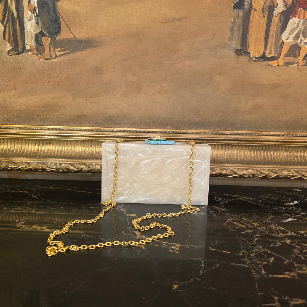 Filigree firoza resin clutch in ivory