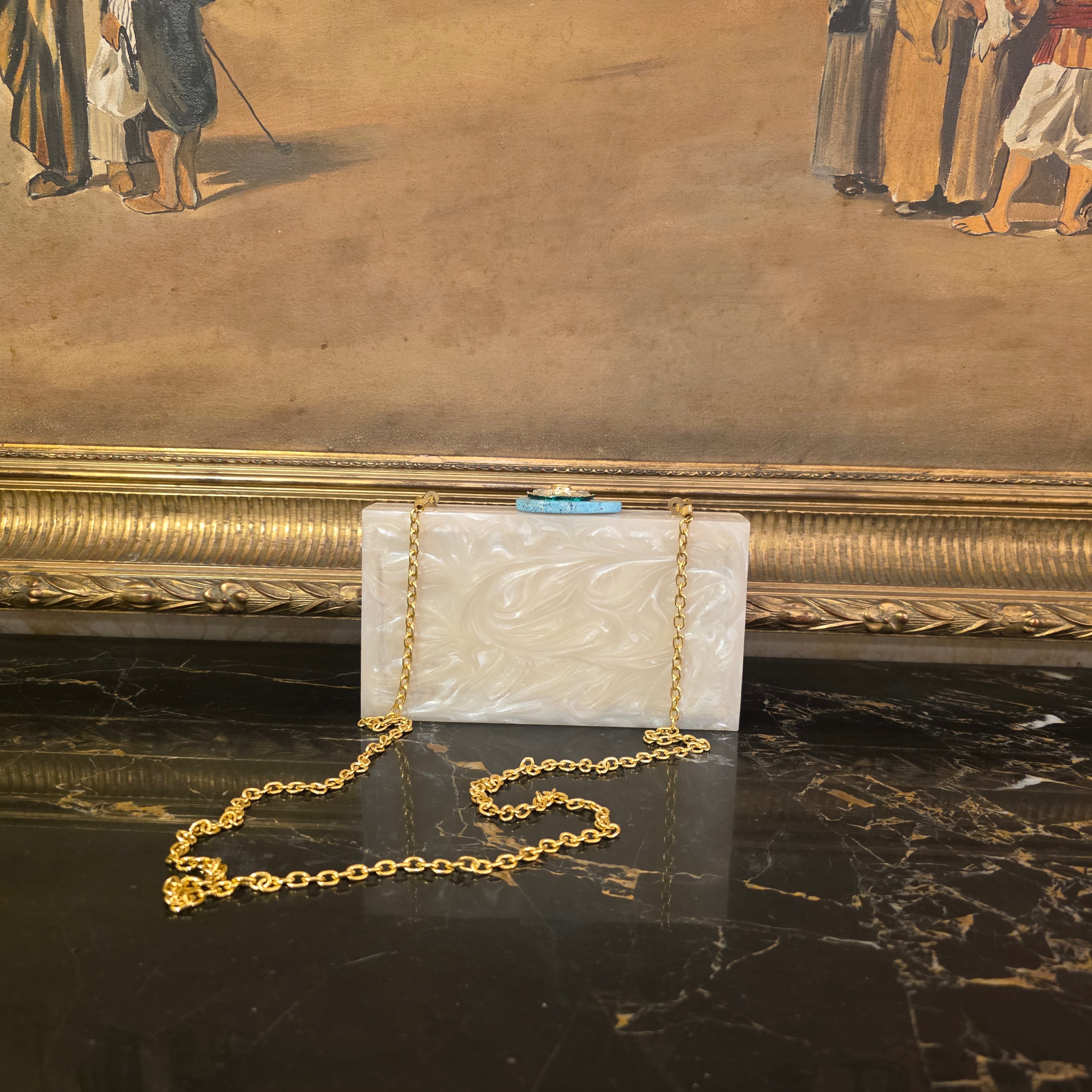 Filigree firoza resin clutch in ivory