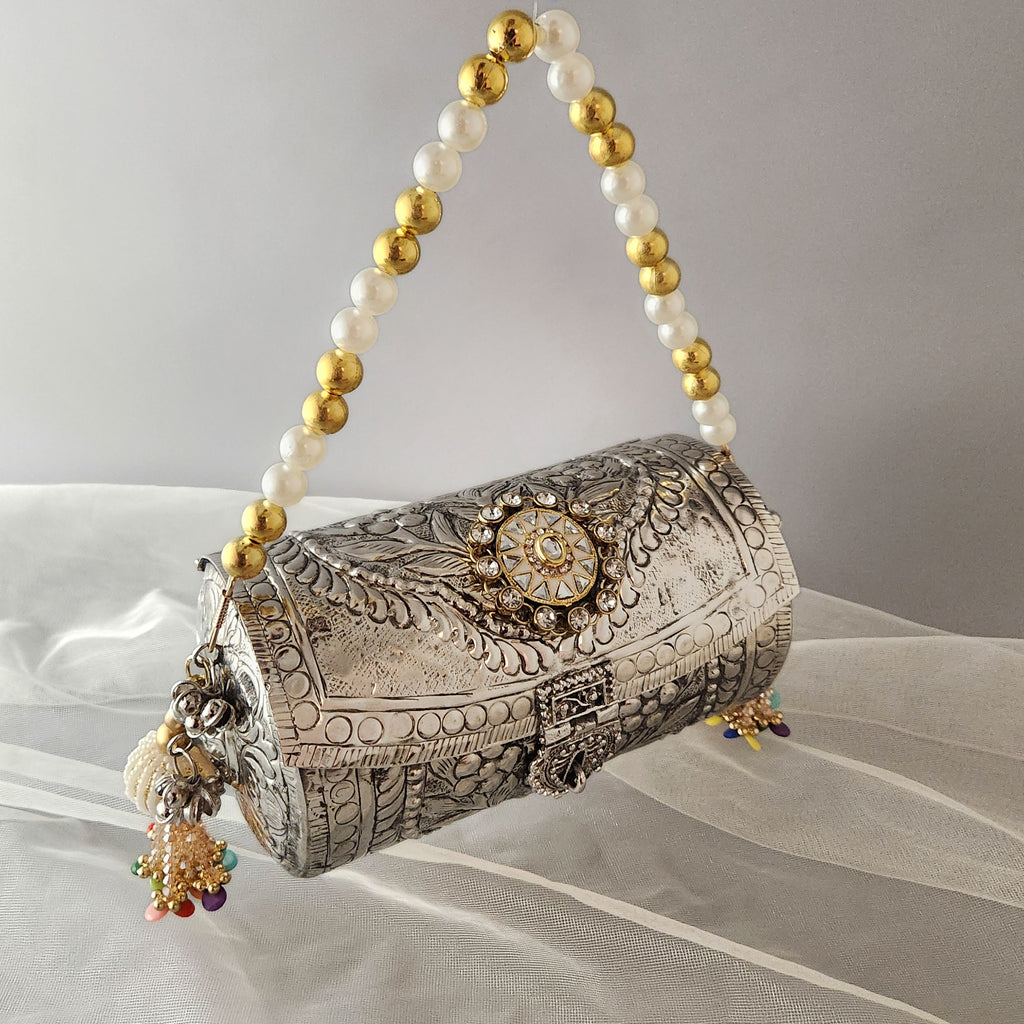 Silver Carved Boho Drum bag with meenakari button detailing