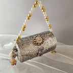 Silver Carved Boho Drum bag with meenakari button detailing