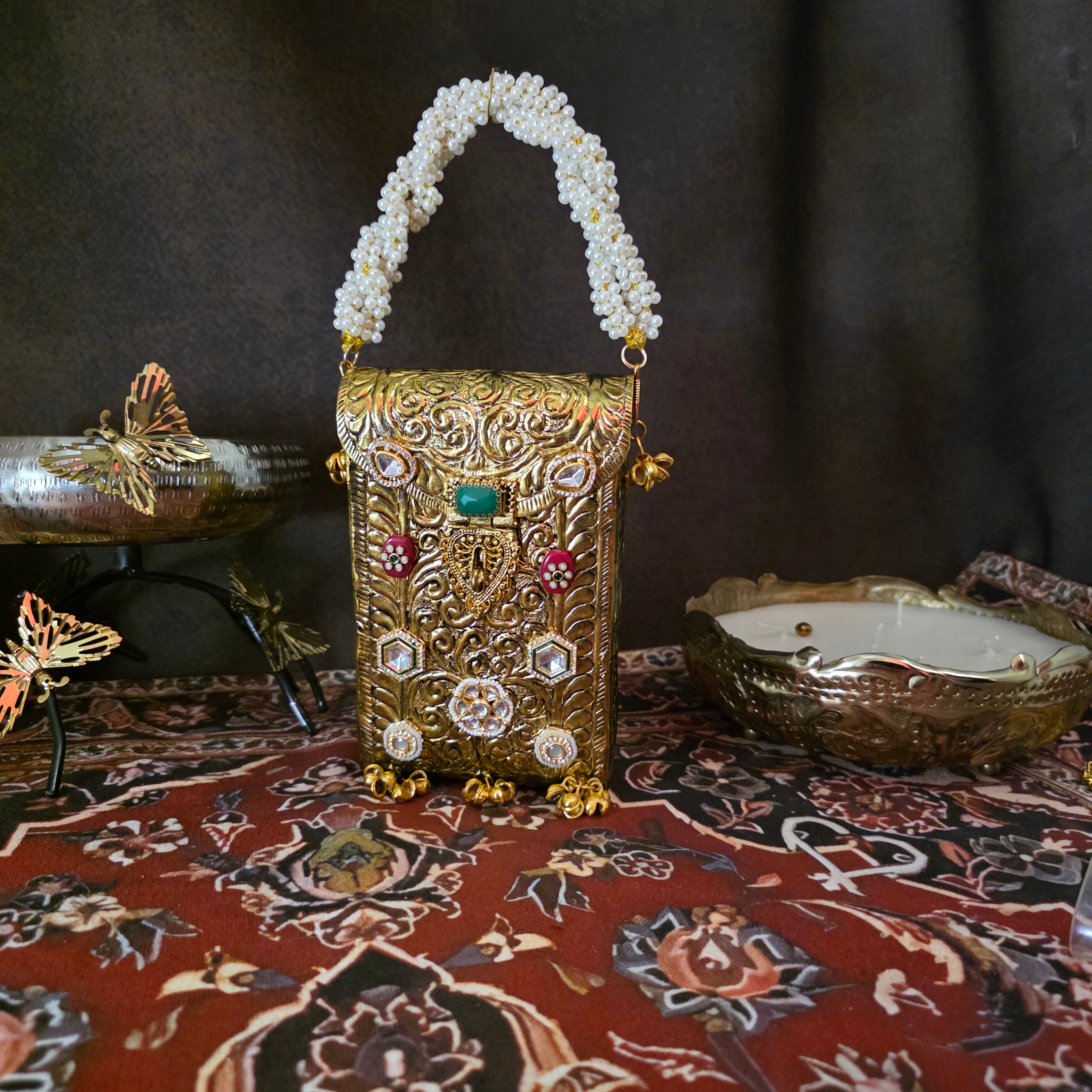Kundan studed mobile batua bag [ antique gold] Main image