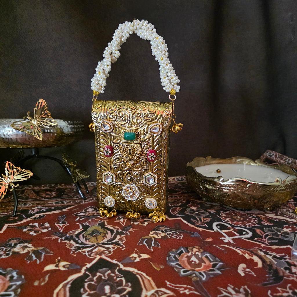 Kundan studed mobile batua bag [ antique gold]