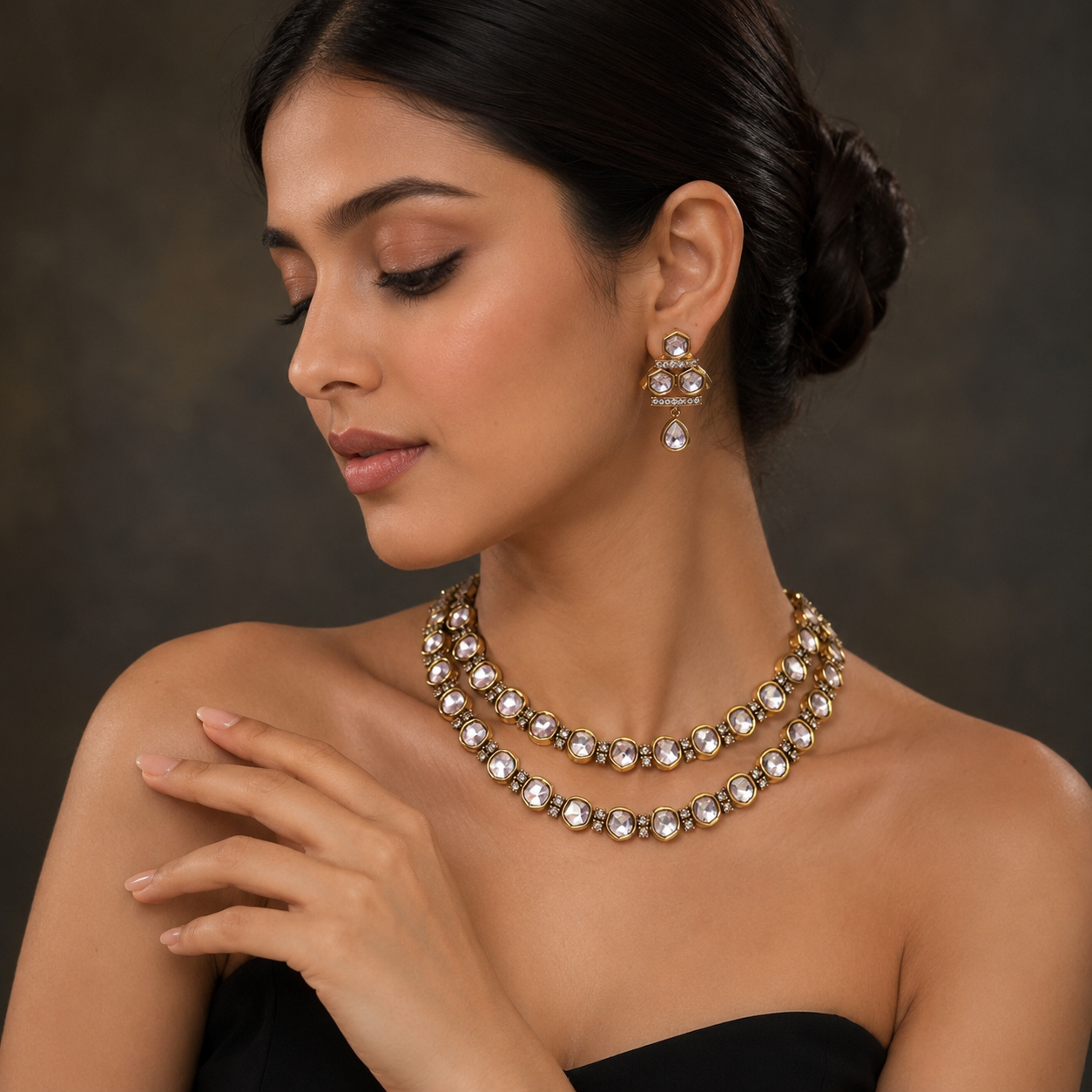 Victorian polki double string necklace set [Victorian polish] Main image