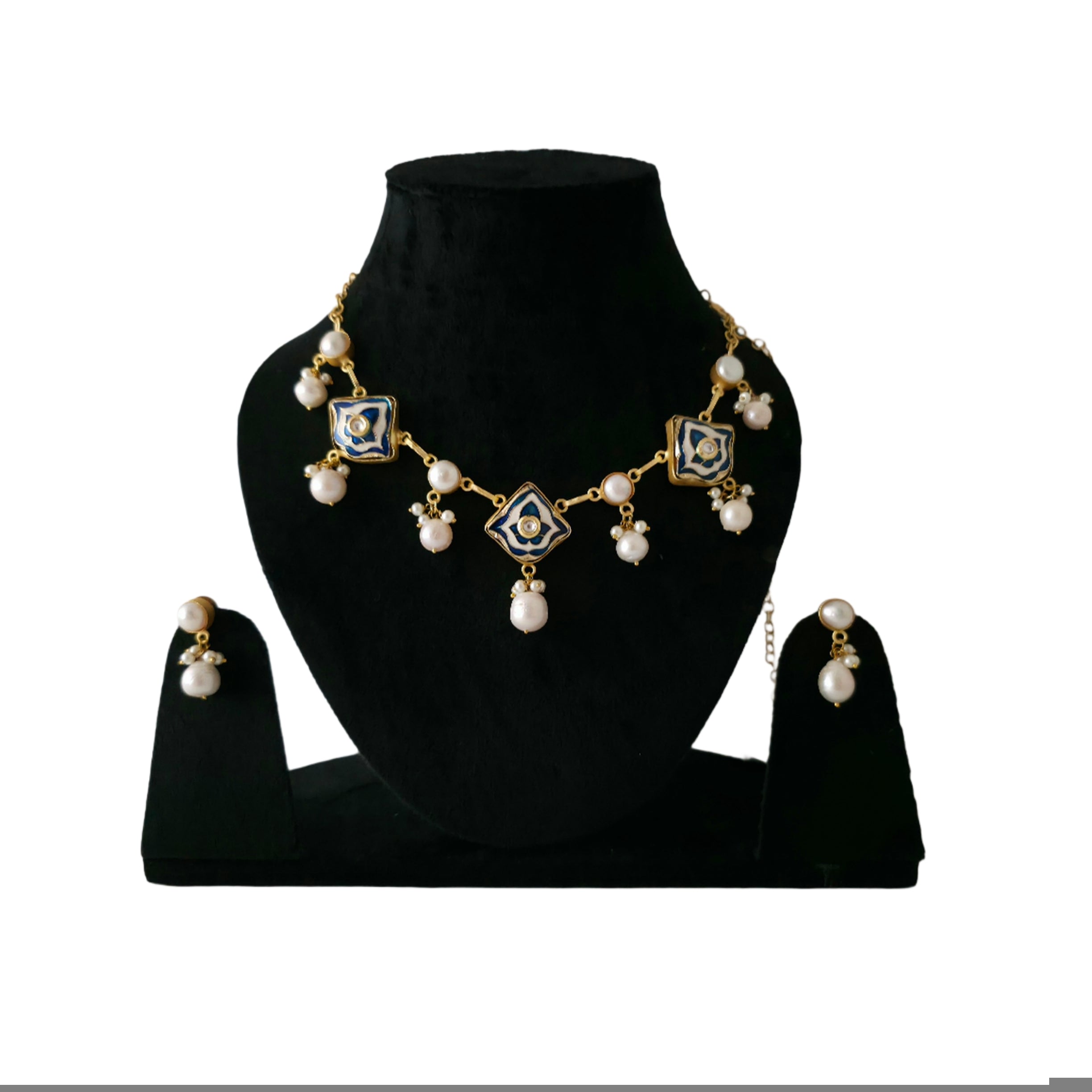 Pearl Droplet Meenakari Necklace Set in blue Secondary image