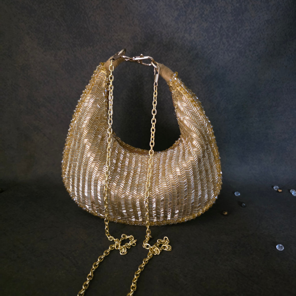 Piped cutdana moon bag gold