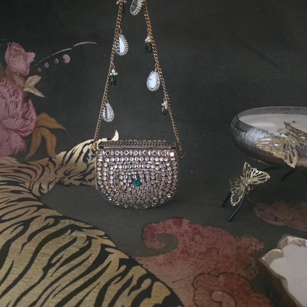 Mini kundan bag with hint of green in [ antique gold]