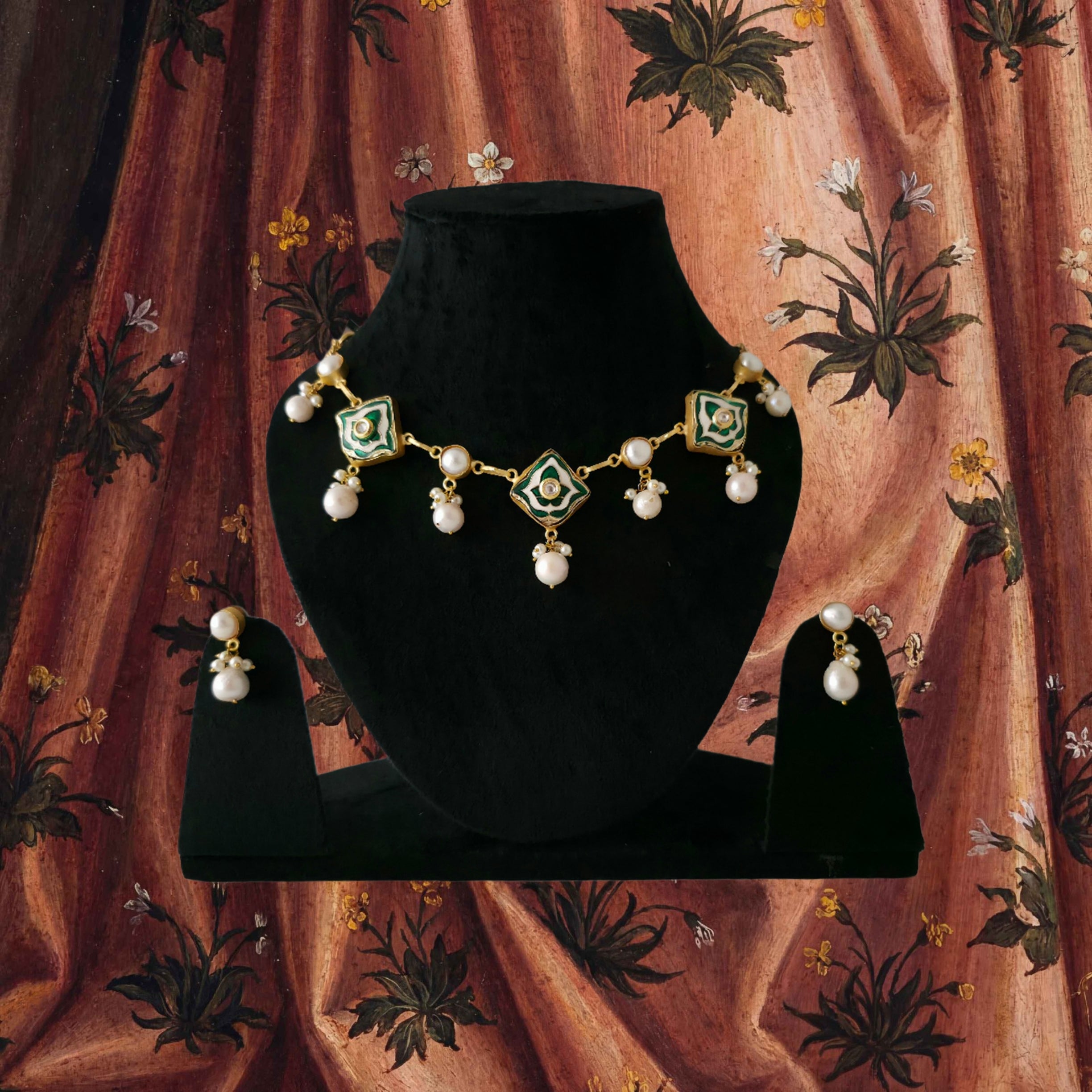 Pearl Droplet Meenakari Necklace Set in green Main image
