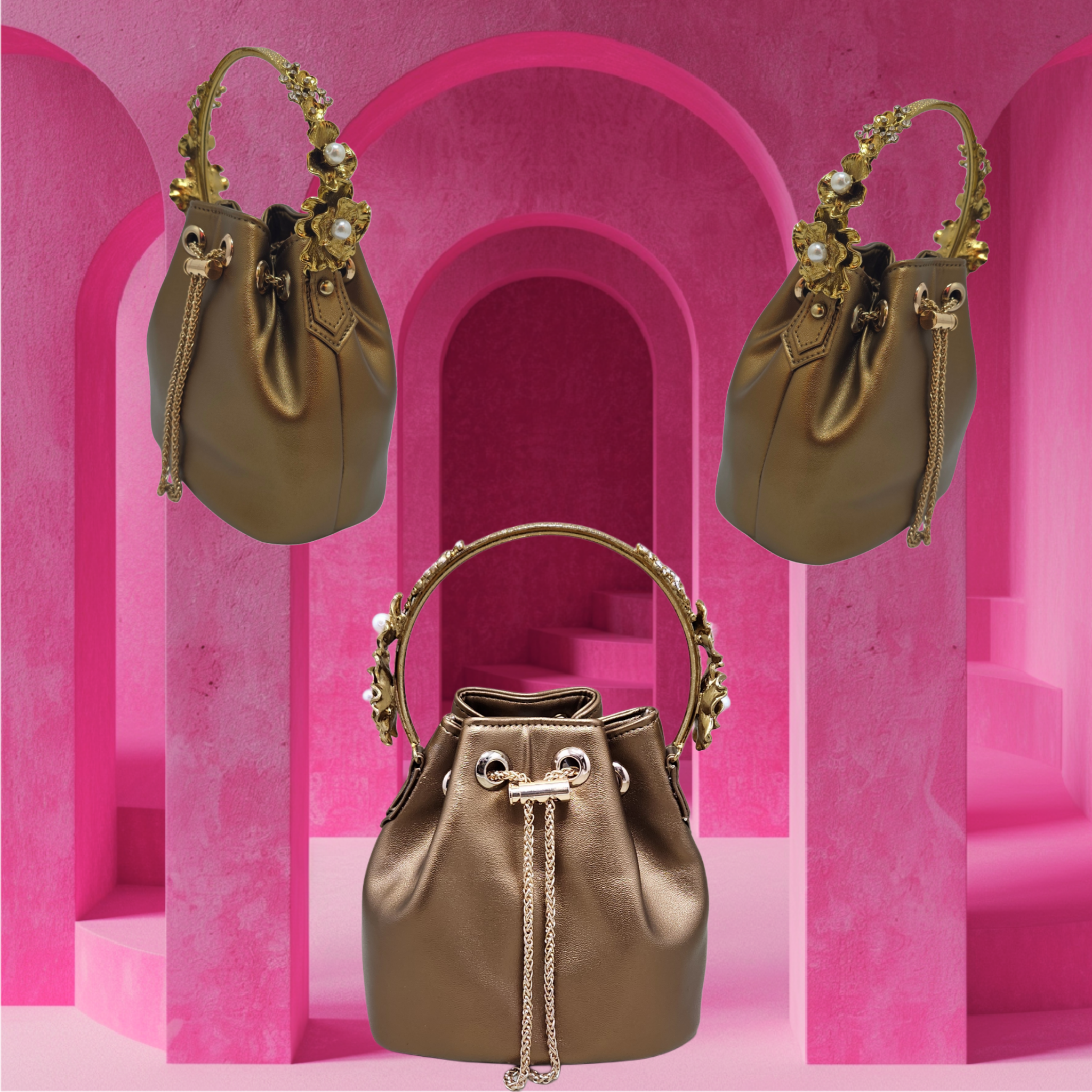 The Floral Handle Bucket Bag [bronze] Main image