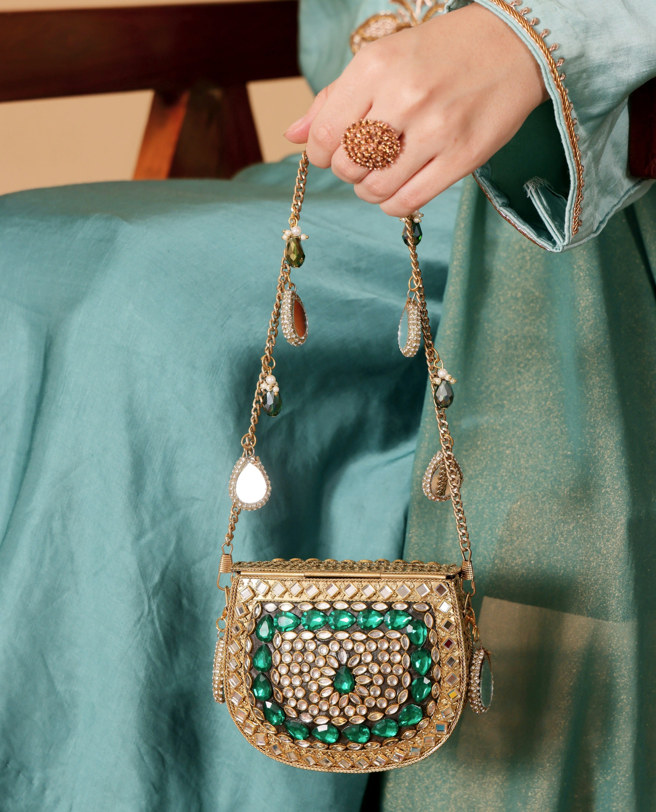 Mini kundan mirror bag [ Emerald green]