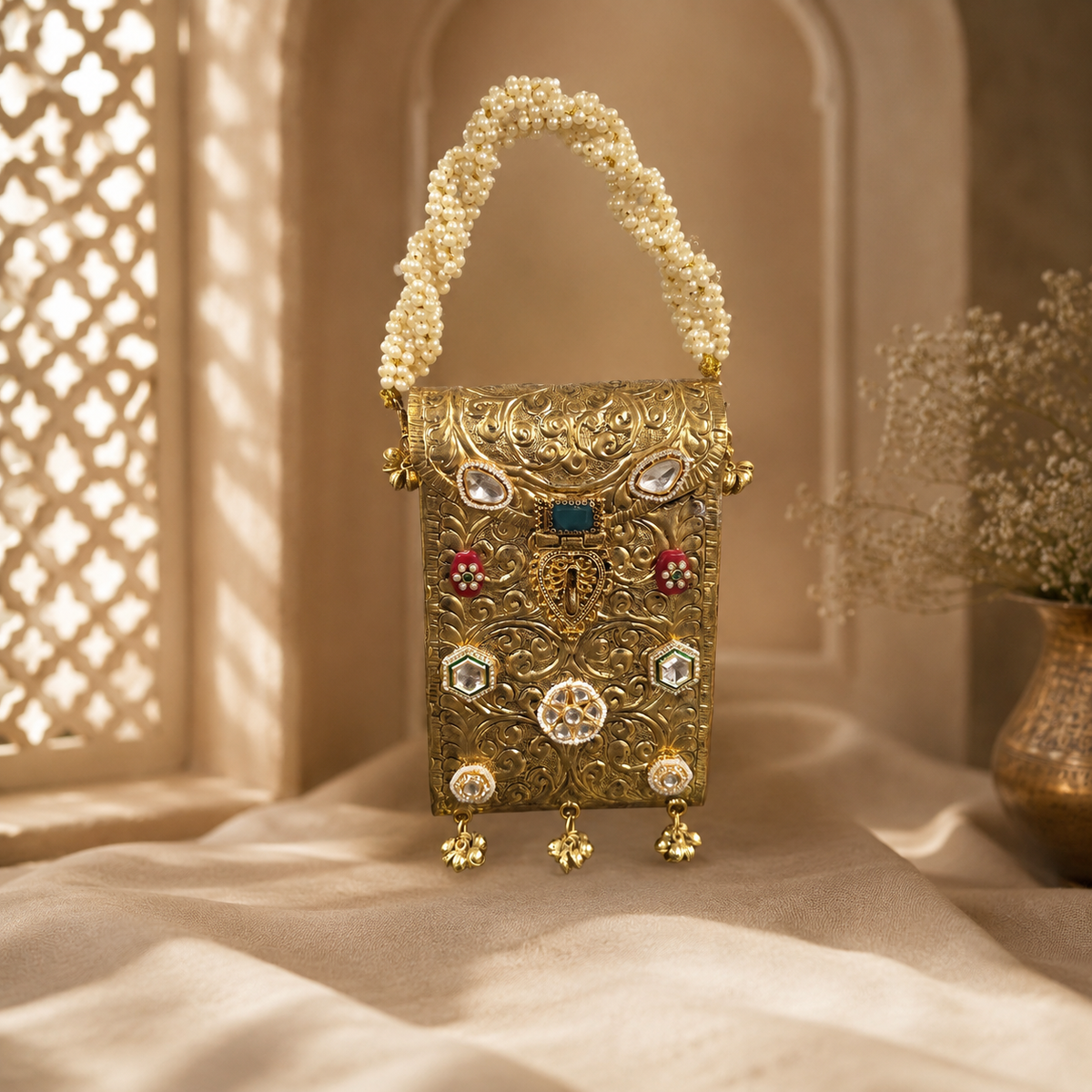 Kundan mobile batua bag [ antique gold]