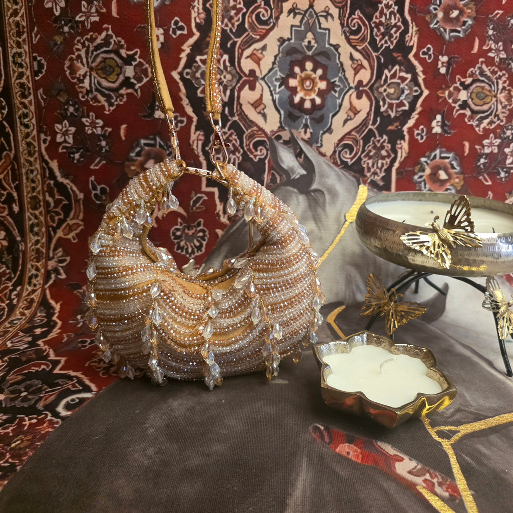 Crystal Droplet moon bag in dual gold silver