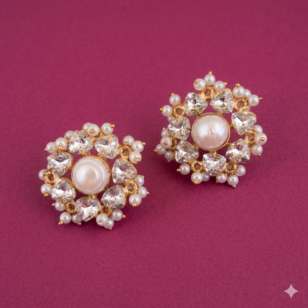 Pearl Zirconia  Studs With Hint Of  Mini Pearls