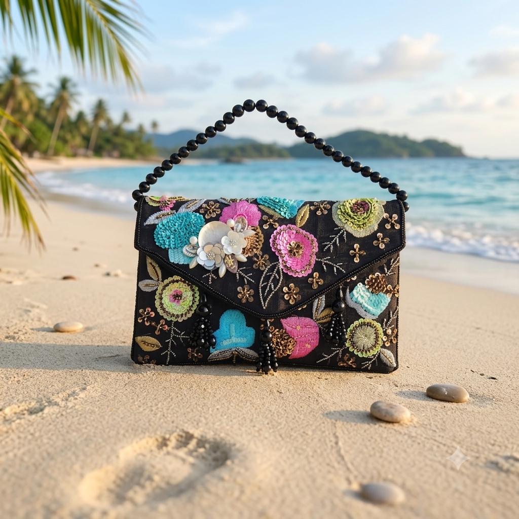 Black Multi Flower Flap Bag